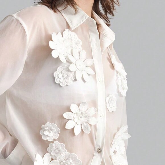 Women's Floral 3d Embellished Long Sleeve Blouse white - Picture 8 of 9